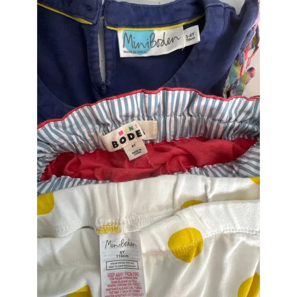 Mini Boden Girls Sz 6 Bundle Lot Blue Pom Pom Dress Linen Pants Polka Dot Shorts